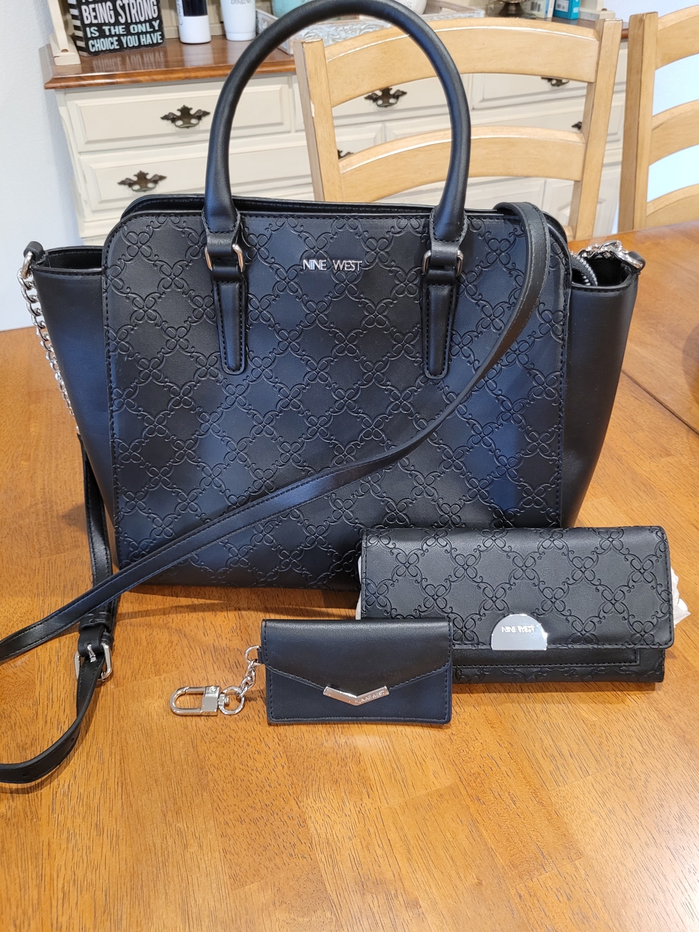 Nine West Black Embossed Satchel with Checkbook Wallet And Card Holder Set